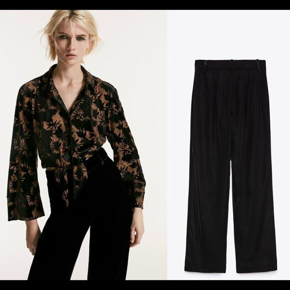 Zara black velvet high waisted straight leg pants size M NWT - Picture 3 of 12
